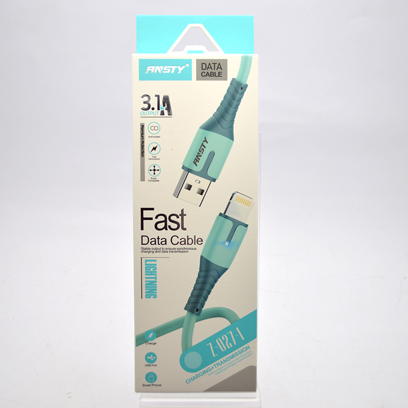 Кабель ANSTY Z-027-I LED Lightning QC 3A 1M Blue, фото 1
