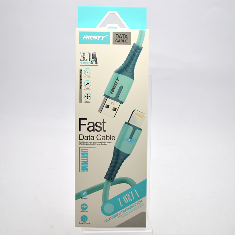 Кабель ANSTY Z-027-I LED Lightning QC 3A 1M Green, фото 1