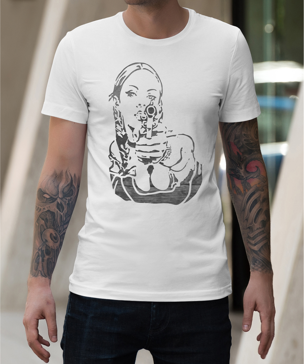 Мужские футболки с принтом Девушка с пистолетом, магазин одежды - трендовые майки и футболки - фото 1 - id-p2060396725