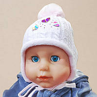 Зимова в'язана дитяча шапочка розмір 42-44 на флісі колір ніжно-рожевий