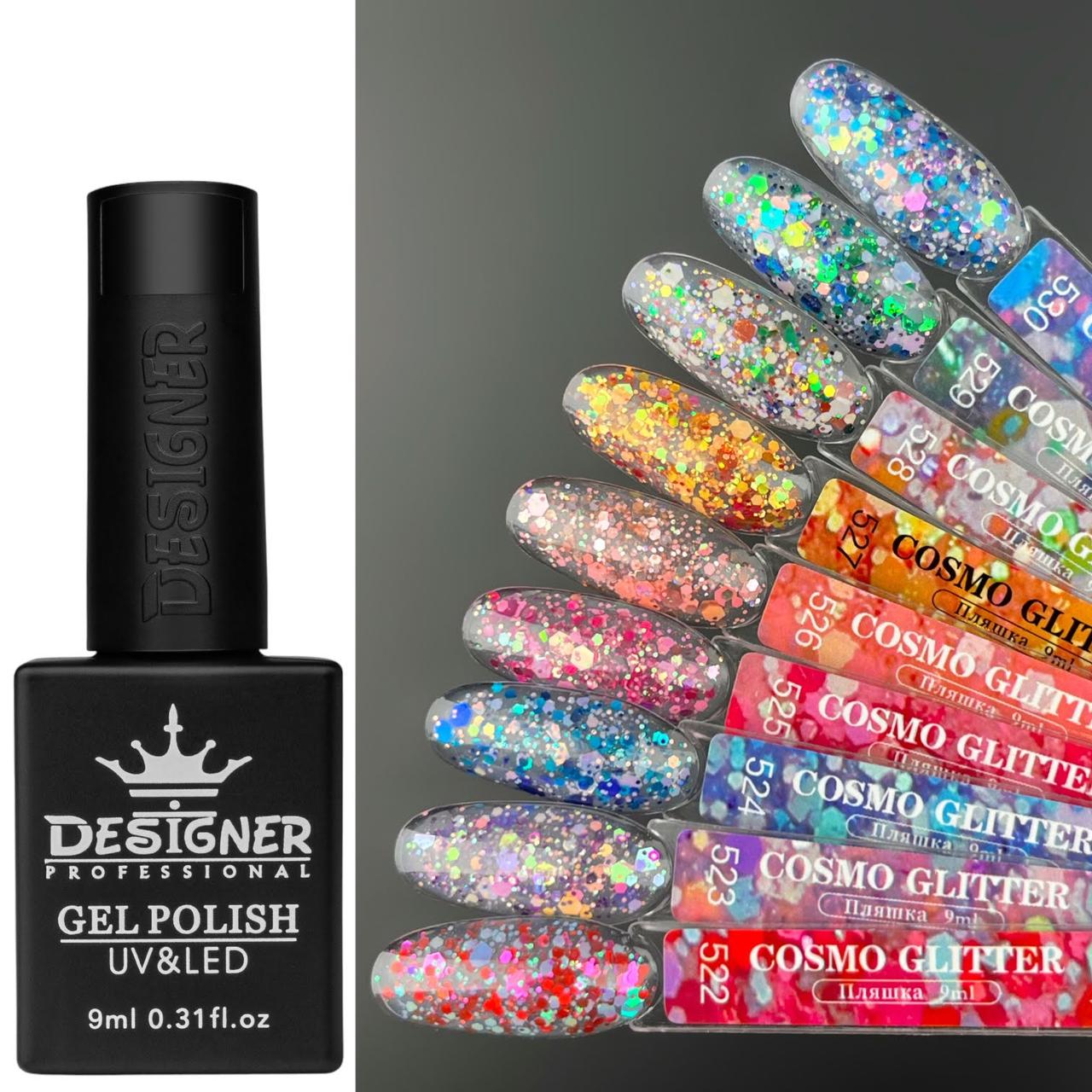 Гель-лак для манікюру Cosmo Glitter Дизайнер (з різнокольоровим глітером різного розміру), 9 мл, фото 1