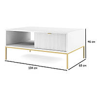 Журнальный столик дсп белый Nova 104х68 см на золотых металлических ножках с ящиком для гостиной