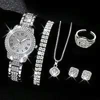 Часы женские кварцевые роскошные, комплект с аксессуарами серебро, золото