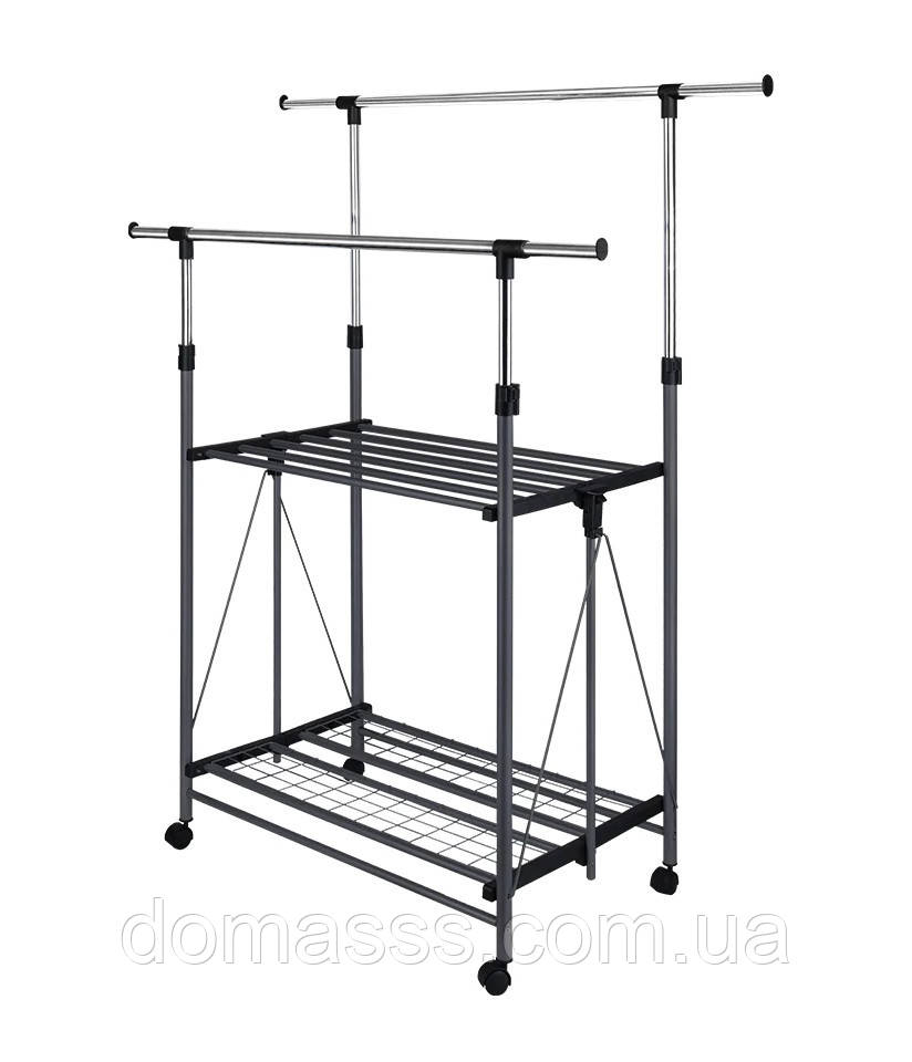 Стійка для одягу подвійна розкладна з полицями, фото 1