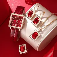 Женские кварцевые часы, красные, со стразами, комплект с аксессуарами