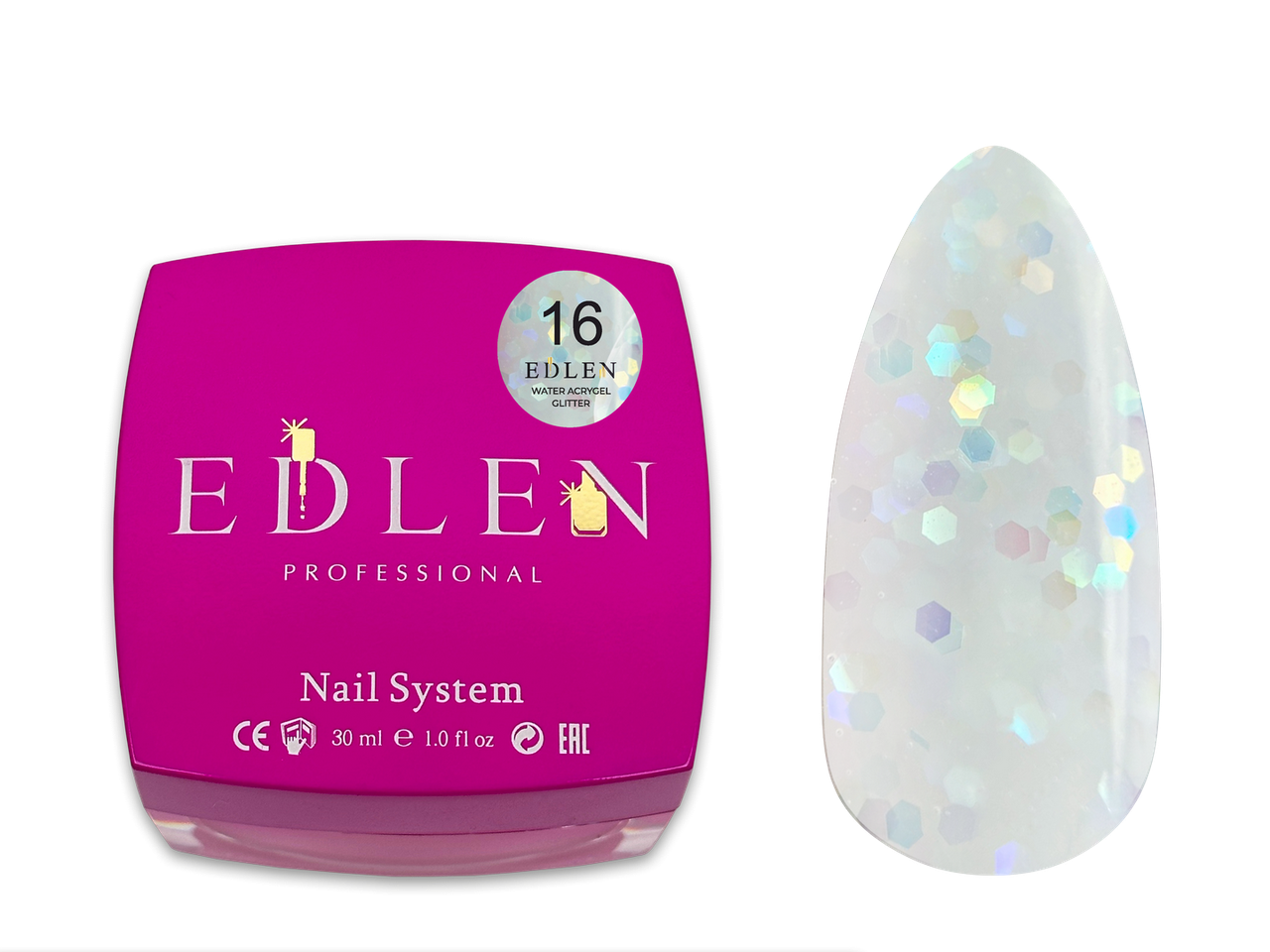Рідкий гель для зміцнення та модулювання нігтя Edlen Water Acrygel Glitter №16 з глітером, 30 мл