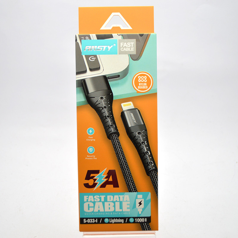 Кабель ANSTY S-033-I Zinc-Nylon Lightning 5A 1M Black, фото 1