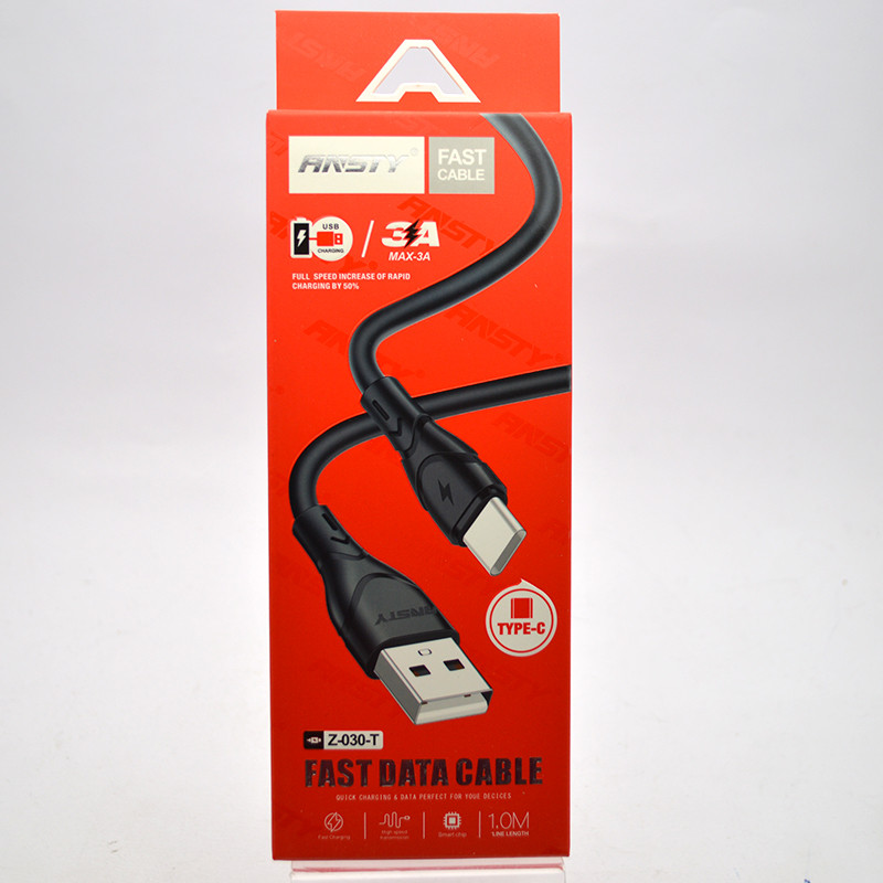 Кабель ANSTY Z-030-T Type-C 3A 1M Black, фото 1
