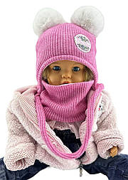 Дитяча в'язана шапка тепла з флісом хомутом із зав'язками дитячі головні убори малиновий (ШДТ358)