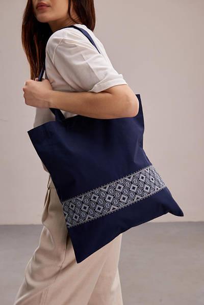 Повседневная эко сумка-шопер для покупок "Орнамент" в синем цвете. - фото 3 - id-p2060546372