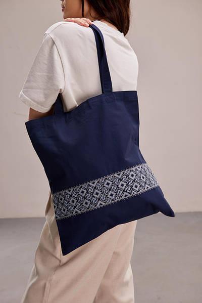 Повседневная эко сумка-шопер для покупок "Орнамент" в синем цвете. - фото 4 - id-p2060546372