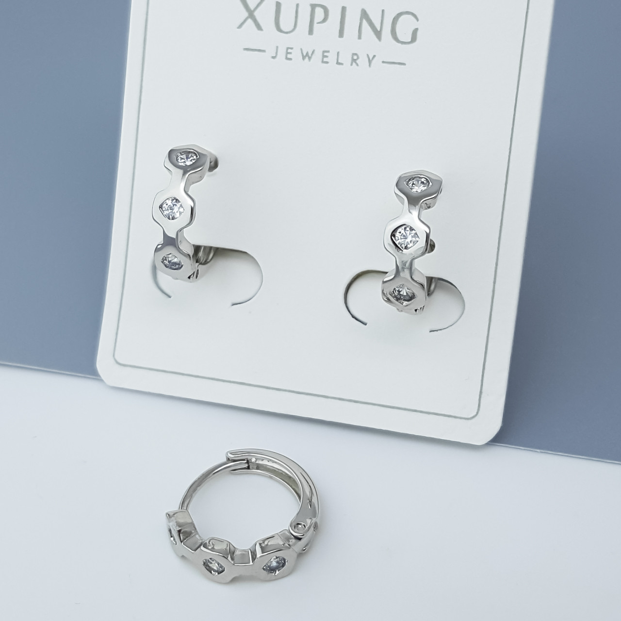 Сережки "Класика" зі вставкою цирконію, медсплав Xuping, родій, фото 1