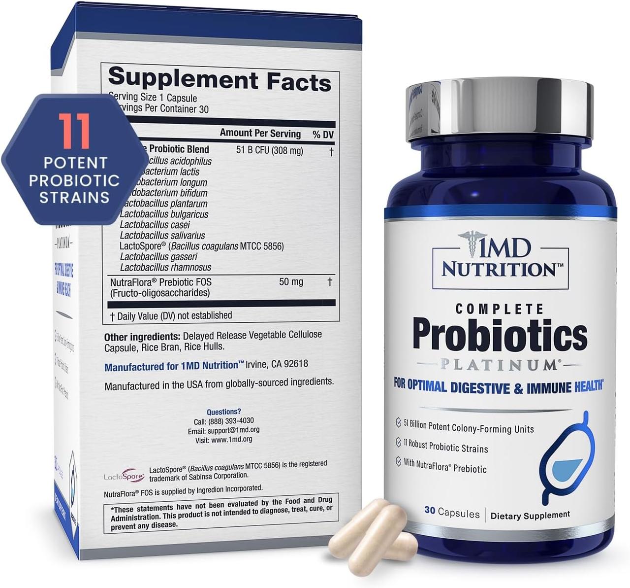 Здоров'я травлення широкого спектра 1MD Nutrition Complete Probiotics Platinum 30 капсул