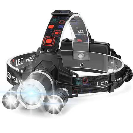 Потрійний налобний ліхтар LED Headlight на акумуляторі - потужна велофара з регулюванням кута світла, фото 1