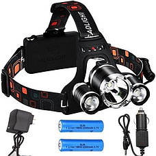 Потрійний налобний ліхтар LED Headlight на акумуляторі - потужна велофара з регулюванням кута світла, фото 3