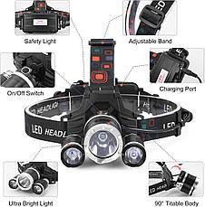 Потрійний лобовий ліхтар на акумуляторі LED Headlight, велофара, фото 6