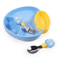 Набор силиконовой посуды для детей 3 предмета тарелка + вилка + ложка Желто - синий