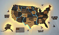Деревянная карта США на акриле с дорогами и подсветкой рек и по контуру цвет Brut XS - 100х66см