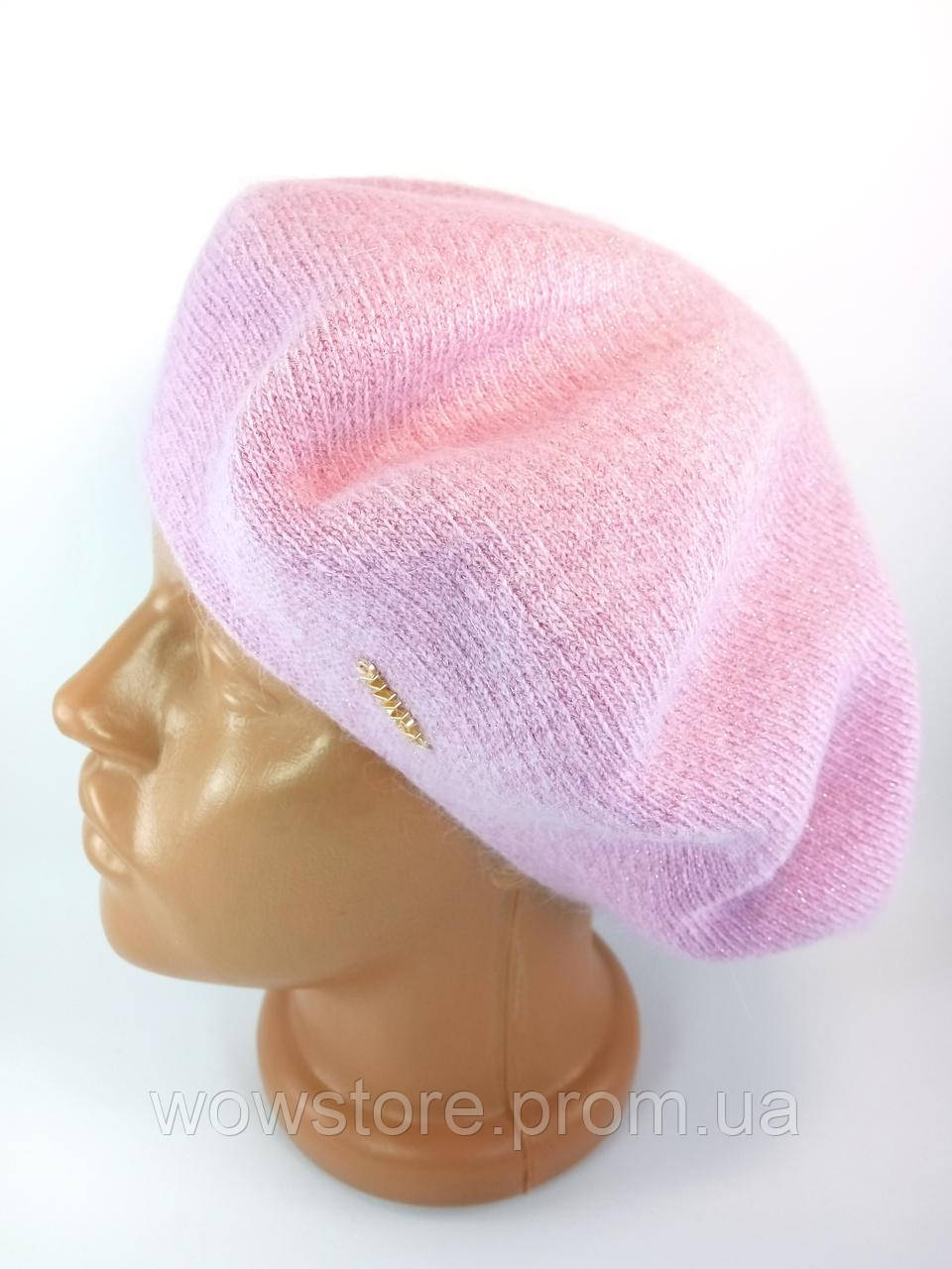 Бере жіночий вовняний берет ангора  Французький з люрексом Жіночі шапки берети модні стильні рожевий