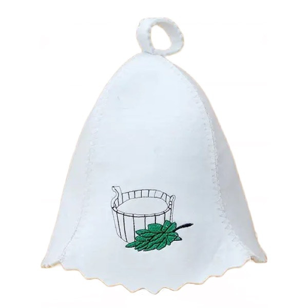 Шапка для бані та сауни з яскравою вишивкою "Кадушка з листком" Біла