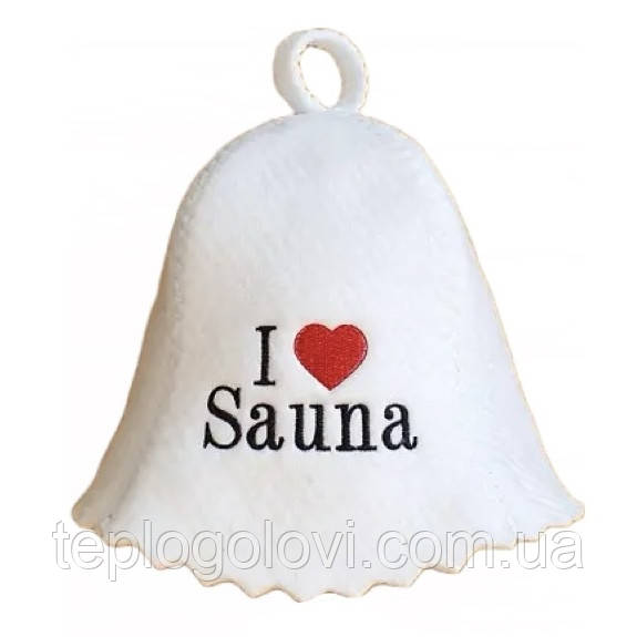 Шапка для бані та сауни з яскравою вишивкою "I love sauna" Біла