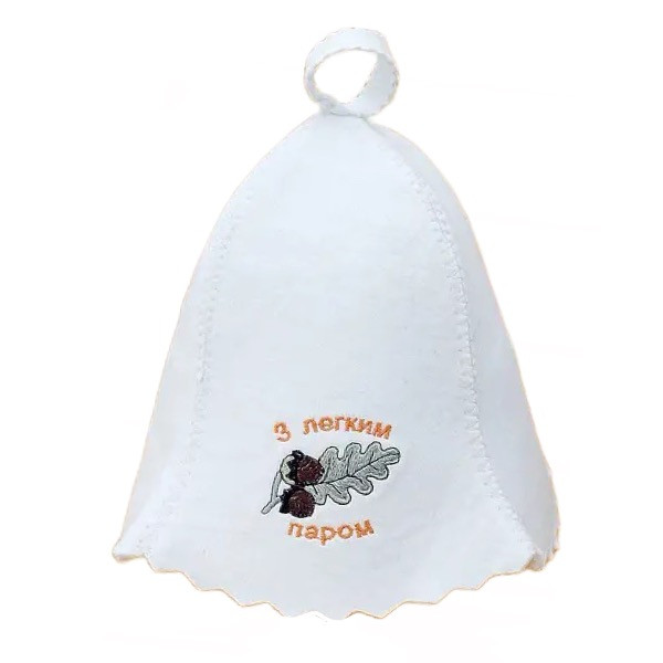 Шапка в лазню термозахисна, головний убір для сауни з яскравою вишивкою "З легким паром" Біла