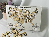 Настольная карта-пазл путешествий США с дерева для декора White 50х34см
