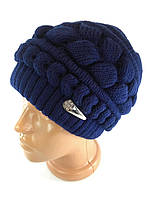 Шапка чалма в'язана тепла подвійна шапка-чалма тюрбан синя осіння зимова Об'ємні шапки жіночі
