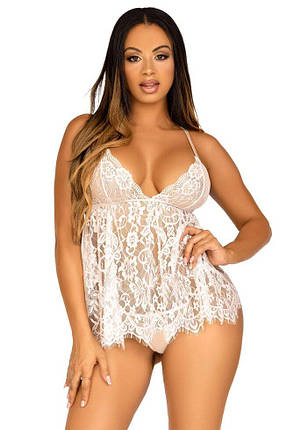 Сорочка беби-долл Leg Avenue Floral lace babydoll & string White M, стринги, фото 1