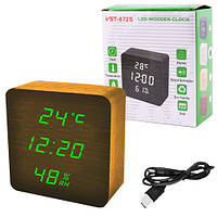 Часы сетевые VST-872S-4 зеленые, (корпус коричневый) температура, влажность, USB