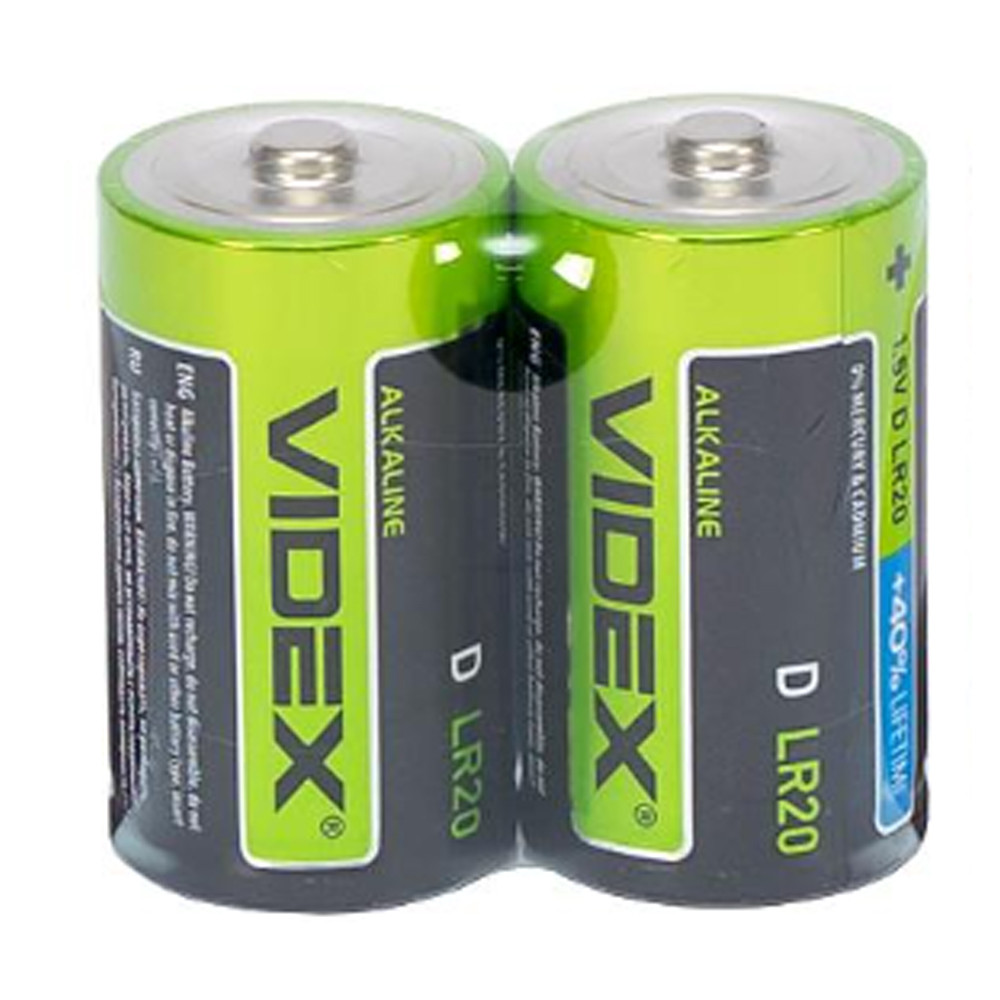 Лужна батарейка в спайці по 2 шт Videx LR2O/D 2pcs SHRINK V-299080 в упаковці 2 шт