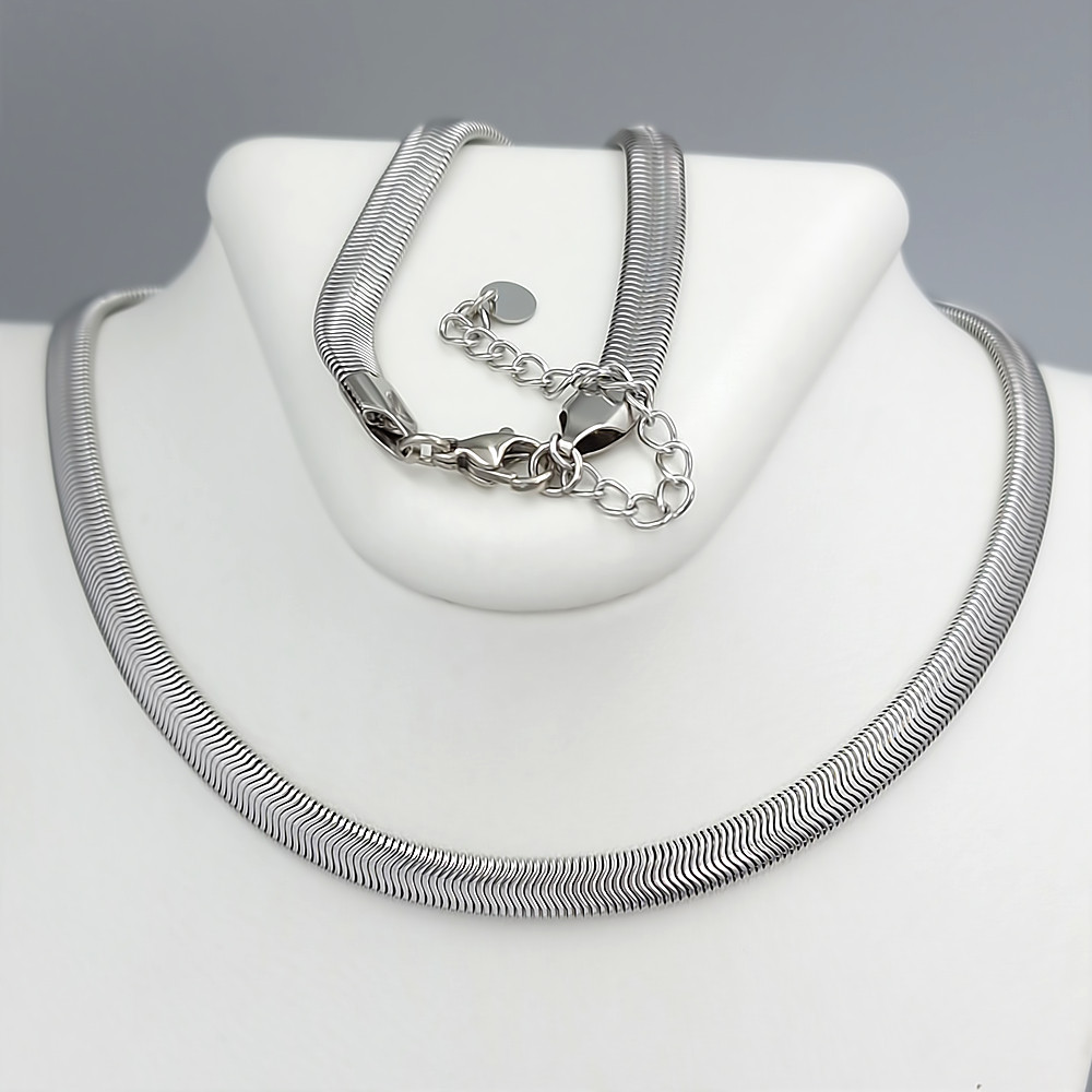 Ланцюжок Stainless Steel. Сталь. Родій. Довжина: 45-51 см. Плоский снейк: 5 мм.