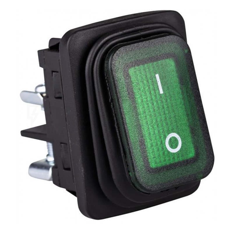 Вимикач клавішний з підсвічуванням прямокутний зелений IP65 (гвинт. з'єднання), фото 1