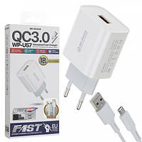 Сетевое зарядное устройство USB с кабелем USB WK Micro USB WP-U57-M-White 1 м h