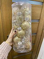 Набір новорічних іграшок із наповненням усередині (24 шт.). Куля 6 см. Колір світле золото