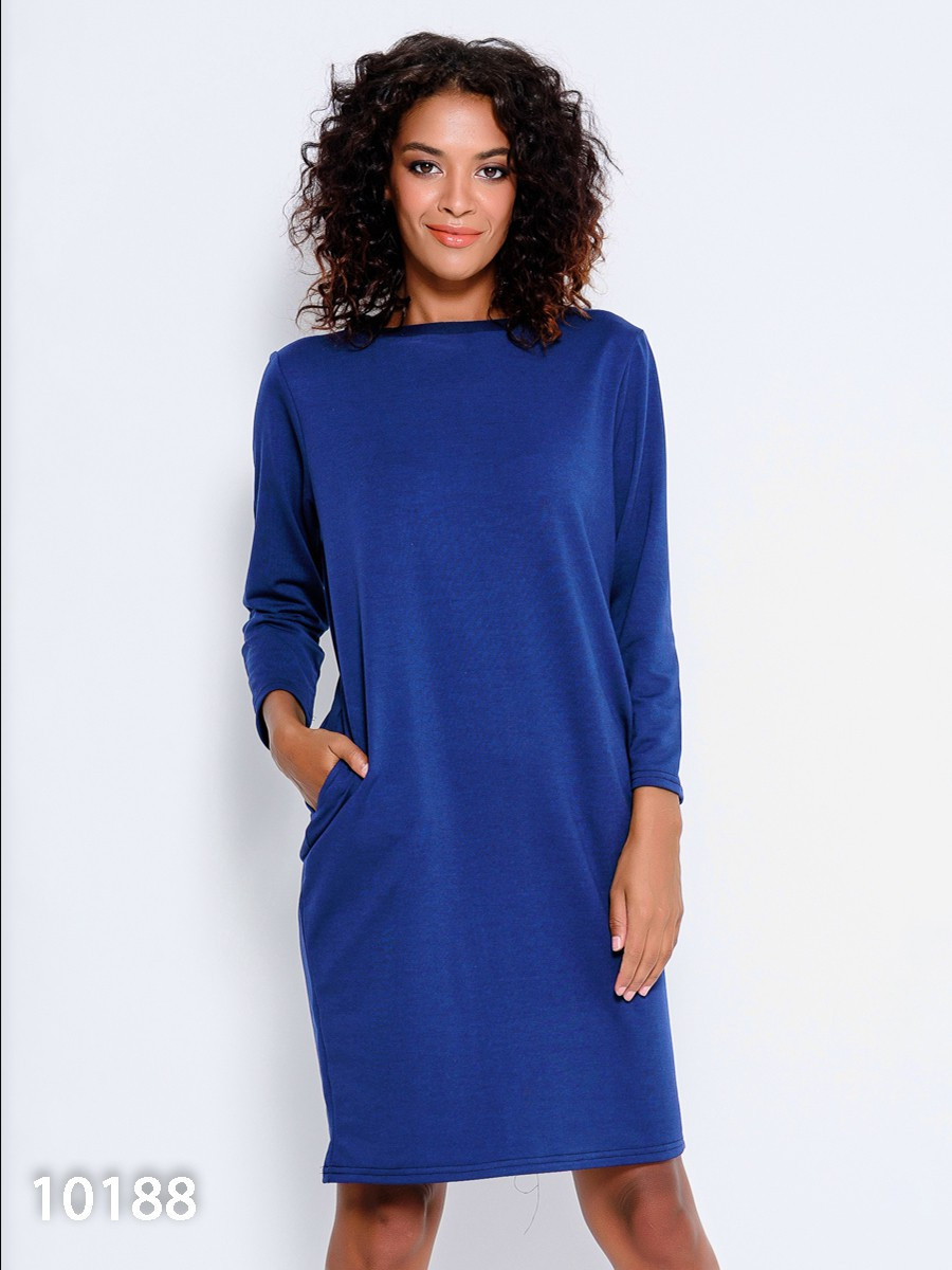 Трикотажна пряма синя сукня з кишенями, розмір S