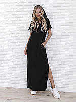 Черное трикотажное длинное платье с капюшоном, размер S