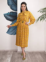 Горчичное цветочное платье-рубашка с плиссировкой, размер S