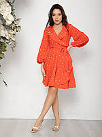 Оранжевое в горох платье на запах с воланами, размер L
