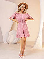 Розовое платье в горох с рюшами, размер XL