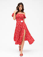 Красное цветочное ретро платье с разрезом, размер L