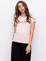 Розовая хлопковая футболка с блестящей надписью, размер S