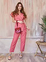 Коттоновый розовый костюм с блузой и брюками, размер S