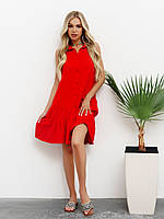 Красное платье-рубашка с воланами, размер S