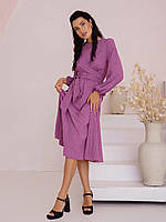 Сиреневое приталенное платье миди в горошек с фонариками и завязками