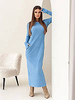 Голубое длинное платье в рубчик, размер L