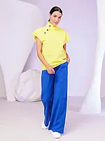 Желто-синий хлопковый брючный костюм с блузой, размер S