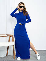 Синее фактурное платье-гольф с разрезом, размер S