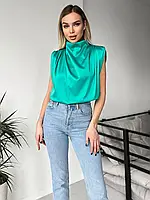 Шелковая зеленая блуза без рукавов, размер XL