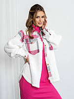 Розово-белая комбинированная рубашка с меховыми вставками, размер L